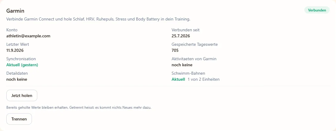Die Garmin-Verbindung: Schlaf, HRV, Ruhepuls und Body Battery landen in deinem Training — und damit im Gespräch mit Claude.