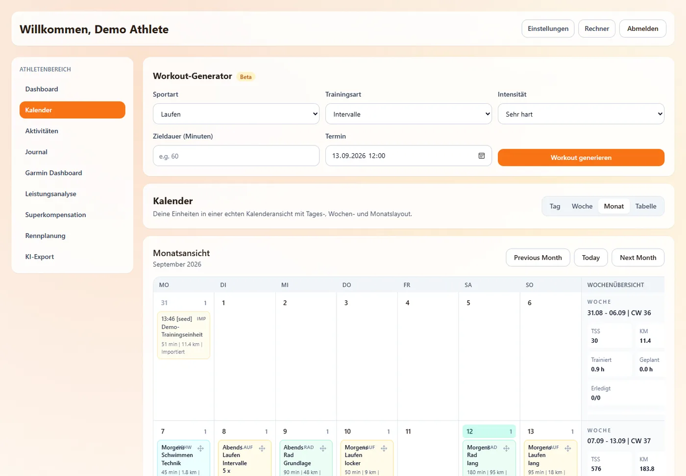 Trainingsplan erstellen und im Kalender führen